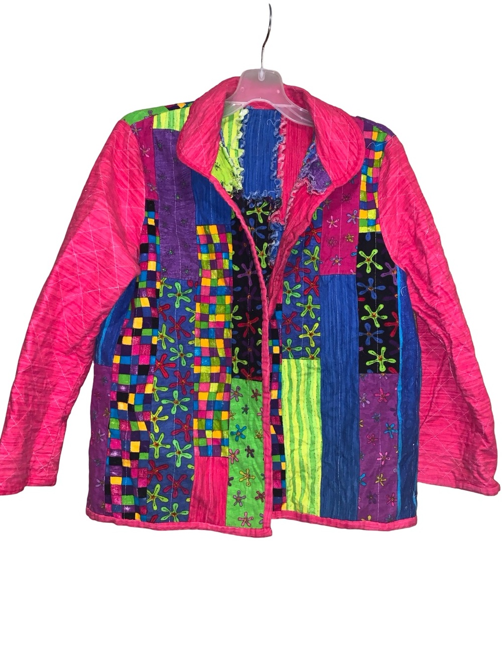 Vibrant Patchwork Quilted Jacket in Neon Pink & Multicolor